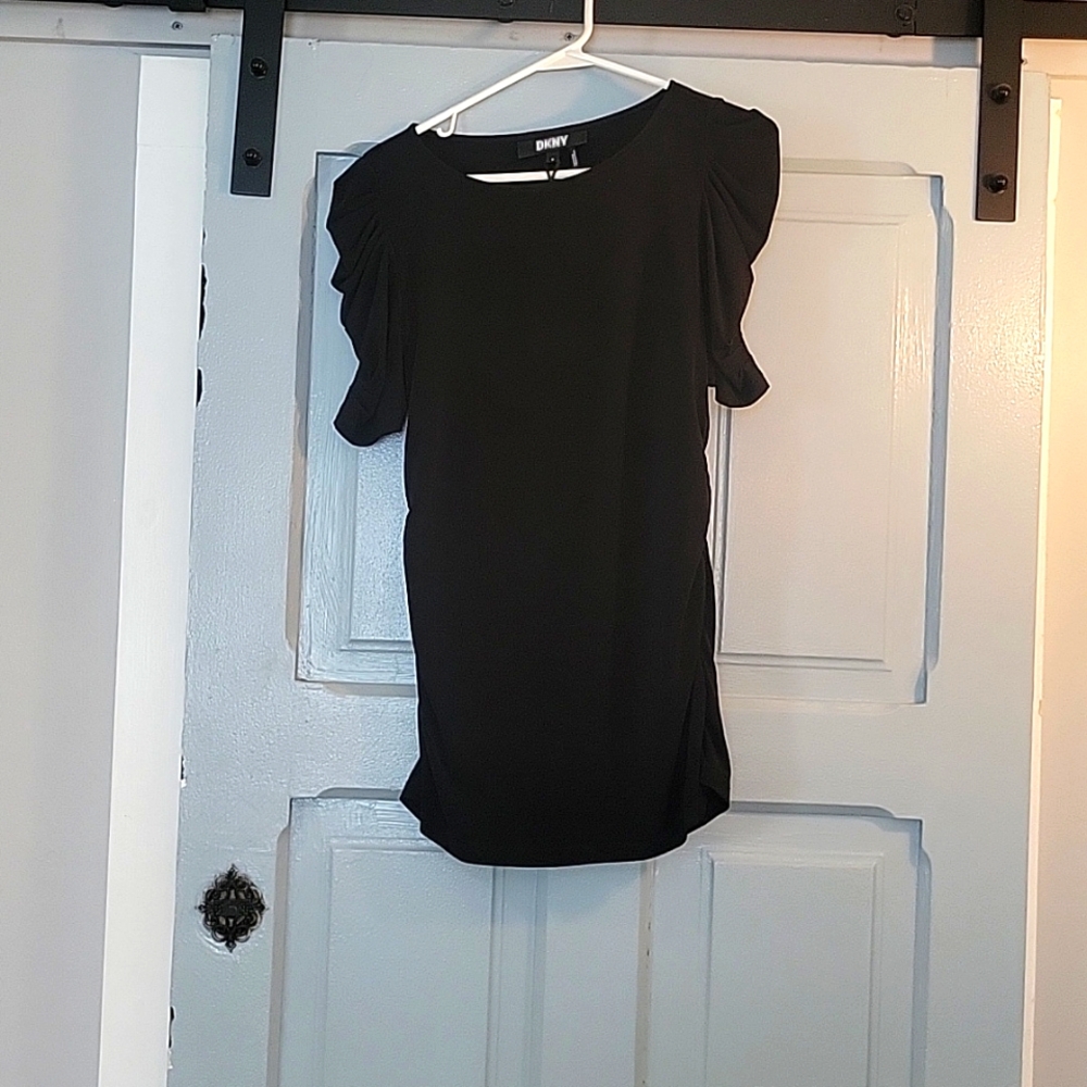 NWT DKNY women's black ruched sleeve & waist top
